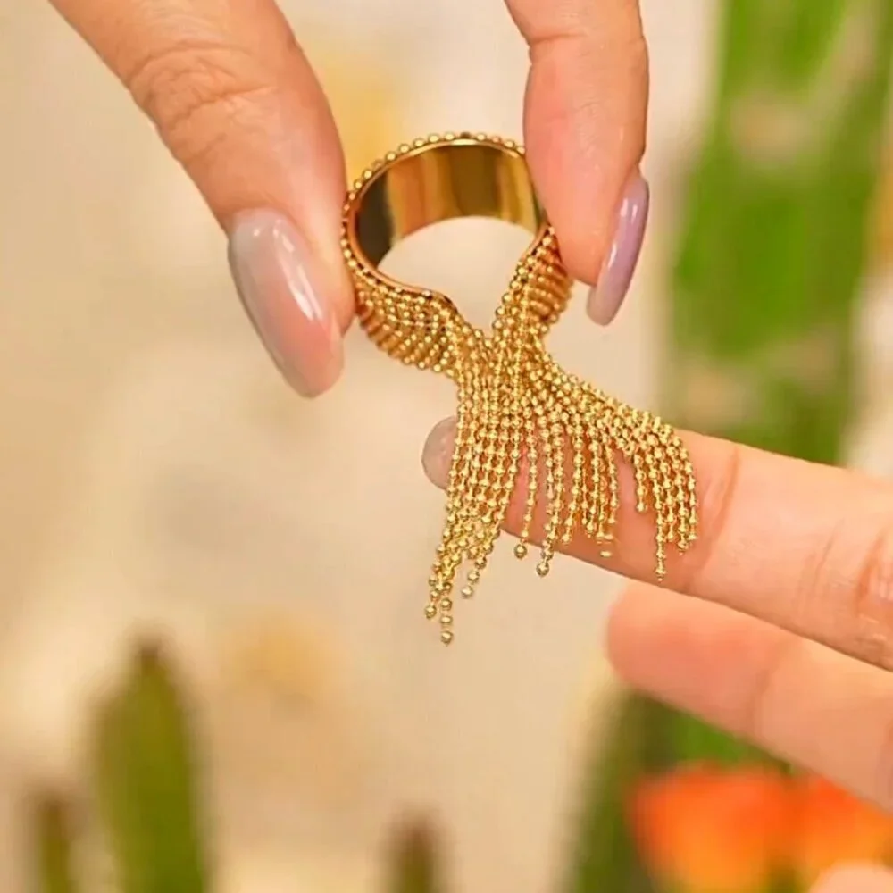 NEW Tassel Fringe Statement Ring 18K Gold Plated Open Adjustable Maximalist